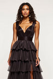 Tiered Long Black A Line Tulle Prom Dress with Slit