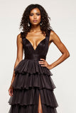 Tiered Long Black A Line Tulle Prom Dress with Slit