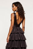 Tiered Long Black A Line Tulle Prom Dress with Slit