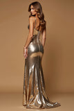 Metallic Satin Golden Sheath Long Prom Dress with Slit