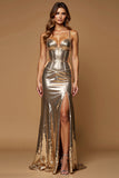Metallic Satin Golden Sheath Long Prom Dress with Slit