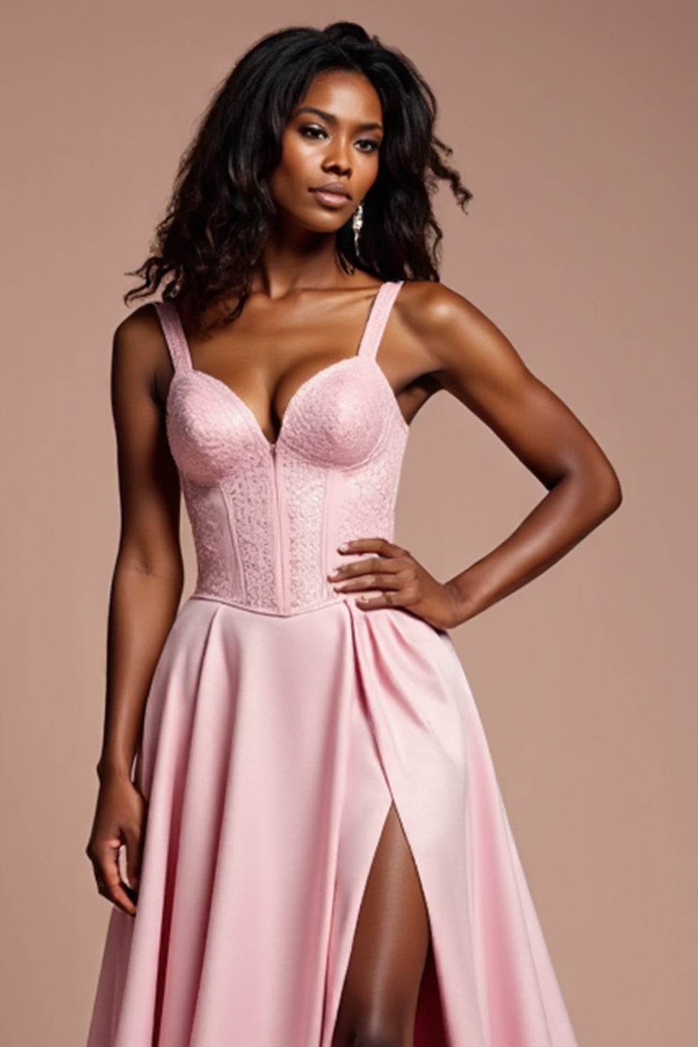 A Line Corset Pink Long Satin Prom Dress with Slit