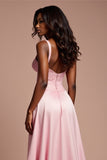 A Line Corset Pink Long Satin Prom Dress with Slit
