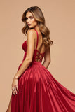 Sweetheart Dark Red A Line Satin Long Prom Dress with Slit