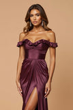 Off the Shoulder Purple Sheath Ruched Long Prom Dress with Slit