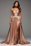 Rose Gold Sweetheart Satin Ruched Long Prom Dress with Slit