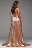 Rose Gold Sweetheart Satin Ruched Long Prom Dress with Slit