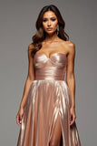 Rose Gold Sweetheart Satin Ruched Long Prom Dress with Slit