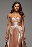 Rose Gold Sweetheart Satin Ruched Long Prom Dress with Slit
