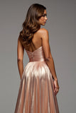 Rose Gold Sweetheart Satin Ruched Long Prom Dress with Slit