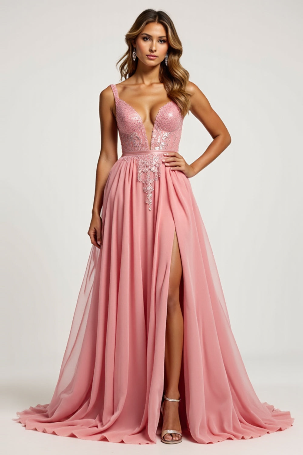 V-Neck Pink A Line Tulle Long Prom Dress with slit