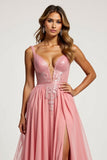 V-Neck Pink A Line Tulle Long Prom Dress with slit