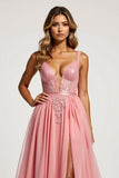 V-Neck Pink A Line Tulle Long Prom Dress with slit