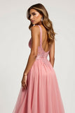 V-Neck Pink A Line Tulle Long Prom Dress with slit