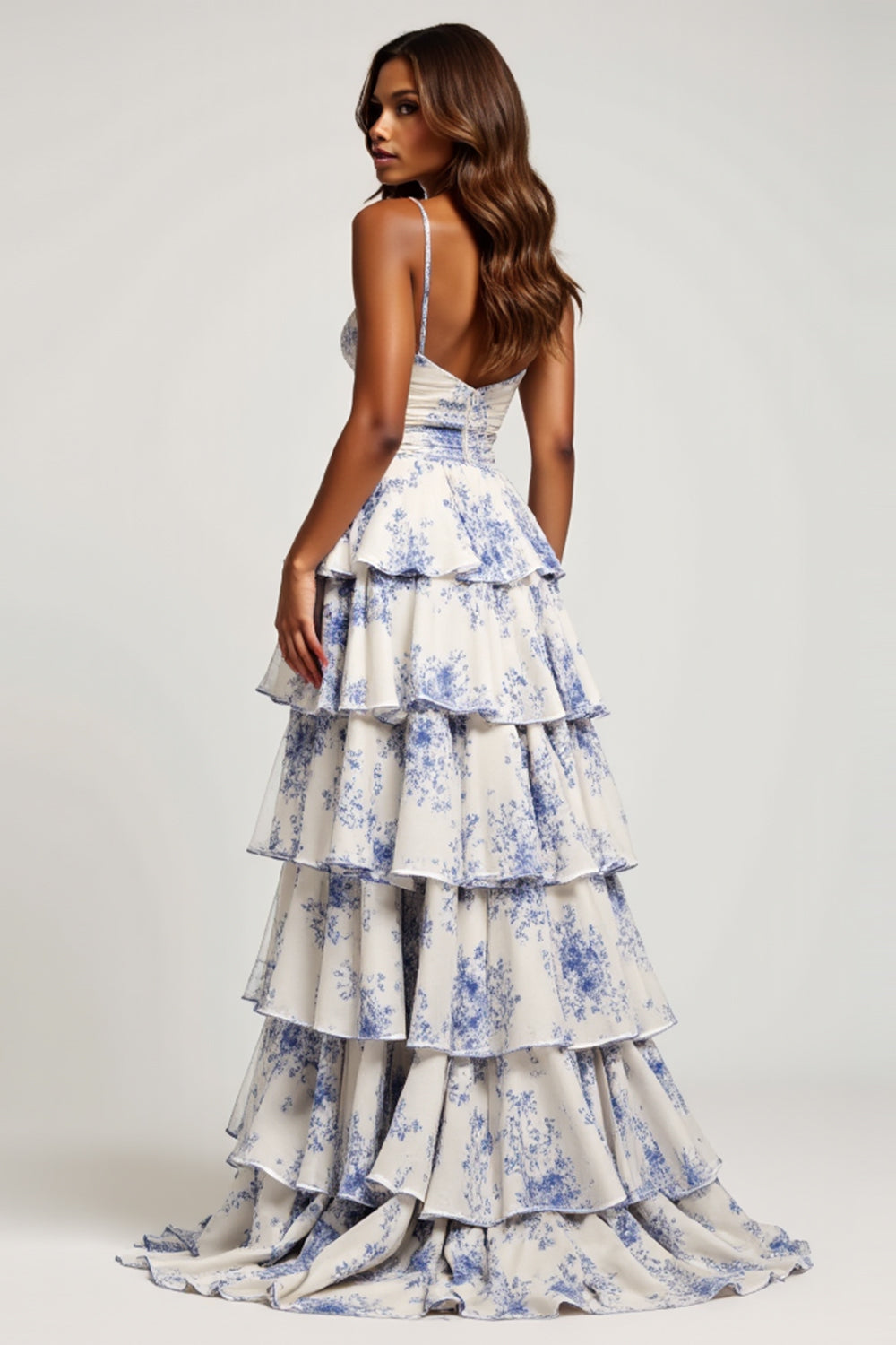 ZAPAKASA Women Blue Flower Tiered Long Chiffon Prom Dress with Slit