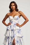 Blue Flower Sweetheart Chiffon Tiered Long Prom Dress with Slit