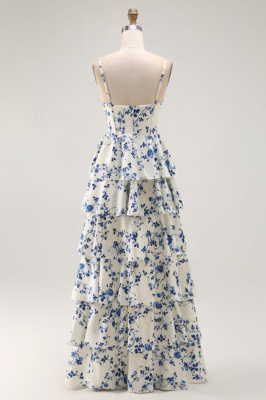 Blue Floral Tiered A Line Ruffled Long Prom Dress with Slit