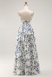 Blue Floral Tiered A Line Ruffled Long Prom Dress with Slit