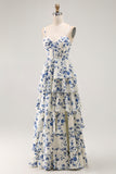 Blue Floral Tiered A Line Ruffled Long Prom Dress with Slit