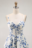 Blue Floral Tiered A Line Ruffled Long Prom Dress with Slit