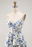 Blue Floral Tiered A Line Ruffled Long Prom Dress with Slit