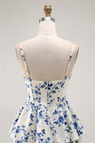 Blue Floral Tiered A Line Ruffled Long Prom Dress with Slit