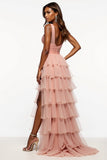 Tiered Long Pink A Line Tulle Prom Dress with Slit