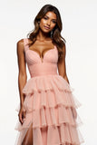 Tiered Long Pink A Line Tulle Prom Dress with Slit