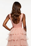 Tiered Long Pink A Line Tulle Prom Dress with Slit