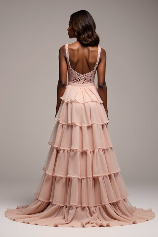 V-Neck Long Dusty Rose Tiered Tulle Prom Dress with Slit