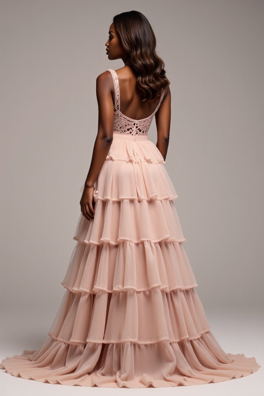 V-Neck Long Dusty Rose Tiered Tulle Prom Dress with Slit