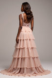 V-Neck Long Dusty Rose Tiered Tulle Prom Dress with Slit