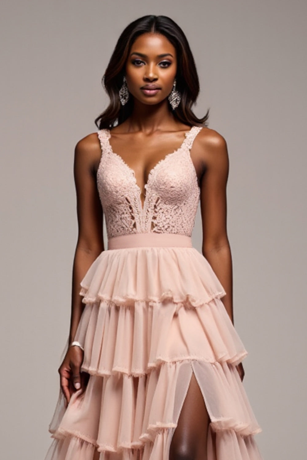 V-Neck Long Dusty Rose Tiered Tulle Prom Dress with Slit