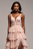V-Neck Long Dusty Rose Tiered Tulle Prom Dress with Slit