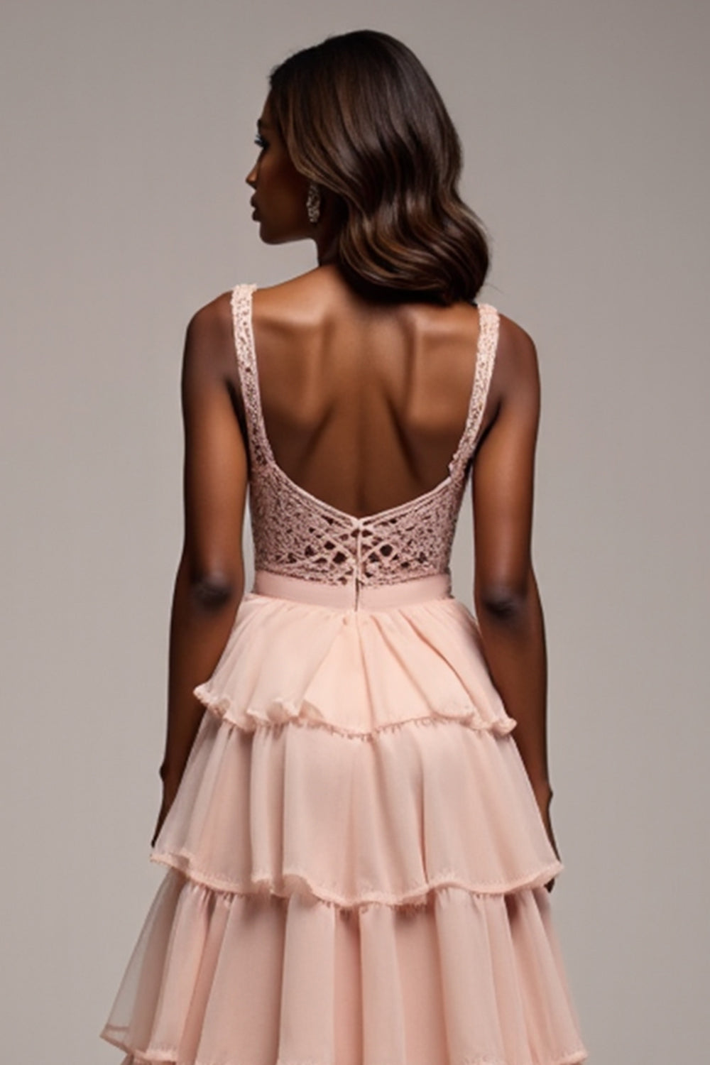 V-Neck Long Dusty Rose Tiered Tulle Prom Dress with Slit