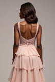V-Neck Long Dusty Rose Tiered Tulle Prom Dress with Slit