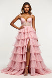 Tulle Tiered Blush Flower V-Neck Long Prom Dress with Slit