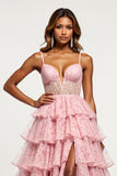 Tulle Tiered Blush Flower V-Neck Long Prom Dress with Slit