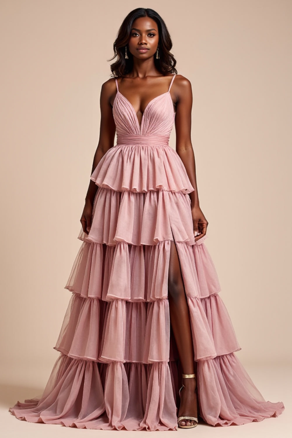 Tiered V-Neck Dusty Rose A Line Long Prom Dress with Slit