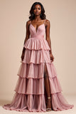 Tiered V-Neck Dusty Rose A Line Long Prom Dress with Slit