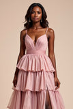 Tiered V-Neck Dusty Rose A Line Long Prom Dress with Slit