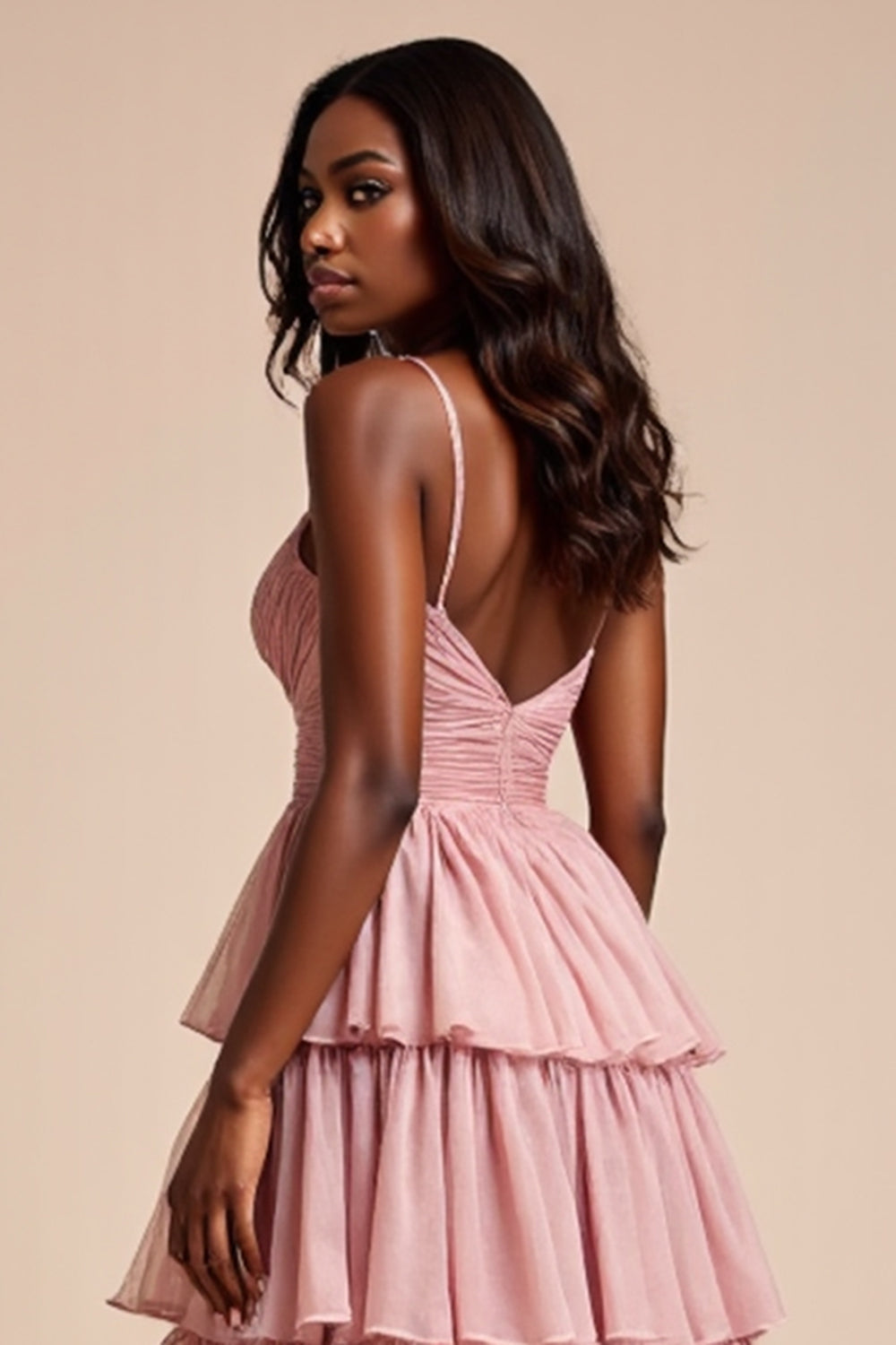 Tiered V-Neck Dusty Rose A Line Long Prom Dress with Slit