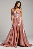 Dusty Rose V-Neck Sparkly Long Prom Dress with Slit