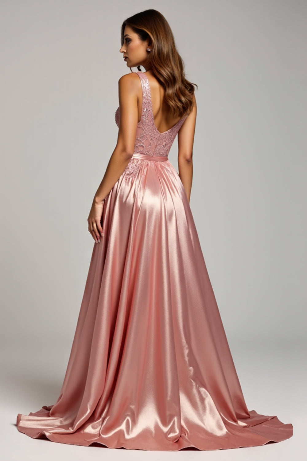 Dusty Rose V-Neck Sparkly Long Prom Dress with Slit
