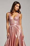 Dusty Rose V-Neck Sparkly Long Prom Dress with Slit