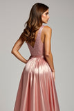 Dusty Rose V-Neck Sparkly Long Prom Dress with Slit