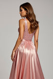 Dusty Rose V-Neck Sparkly Long Prom Dress with Slit