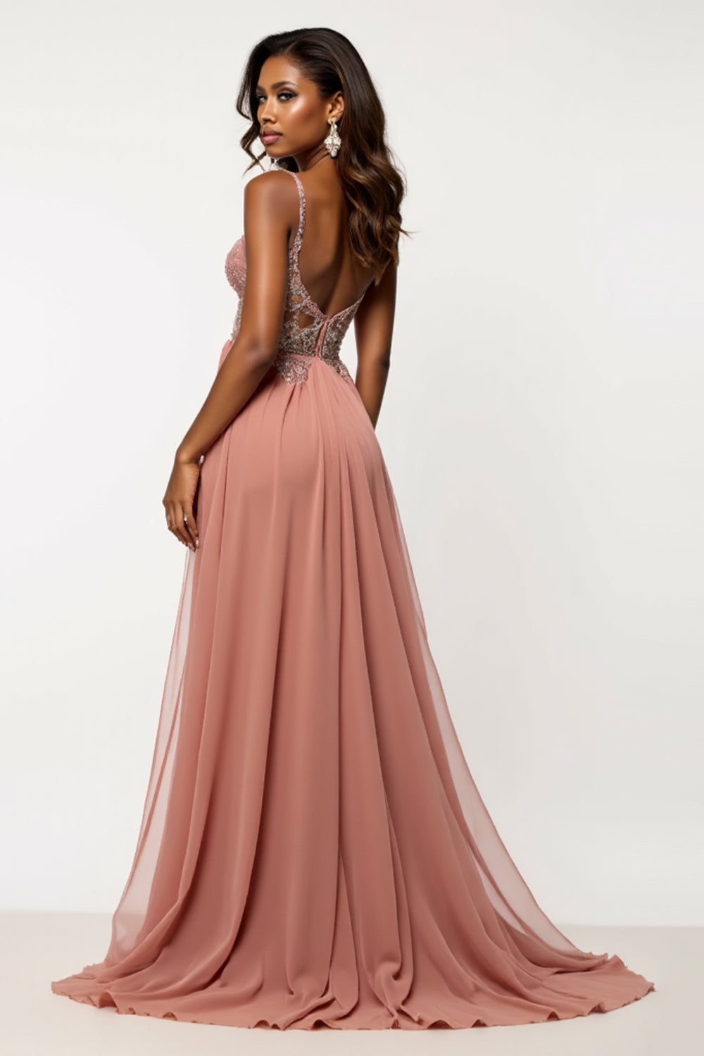Tulle V-Neck Long Dusty Rose A Line Prom Dress with Sequins