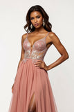 Tulle V-Neck Long Dusty Rose A Line Prom Dress with Sequins