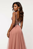Tulle V-Neck Long Dusty Rose A Line Prom Dress with Sequins